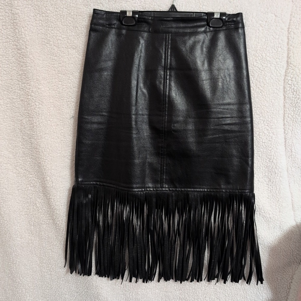 VOY Black Faux Leather Fringe Skirt Moto Edgy Boho Size L Skirt Midi SKU 135GF